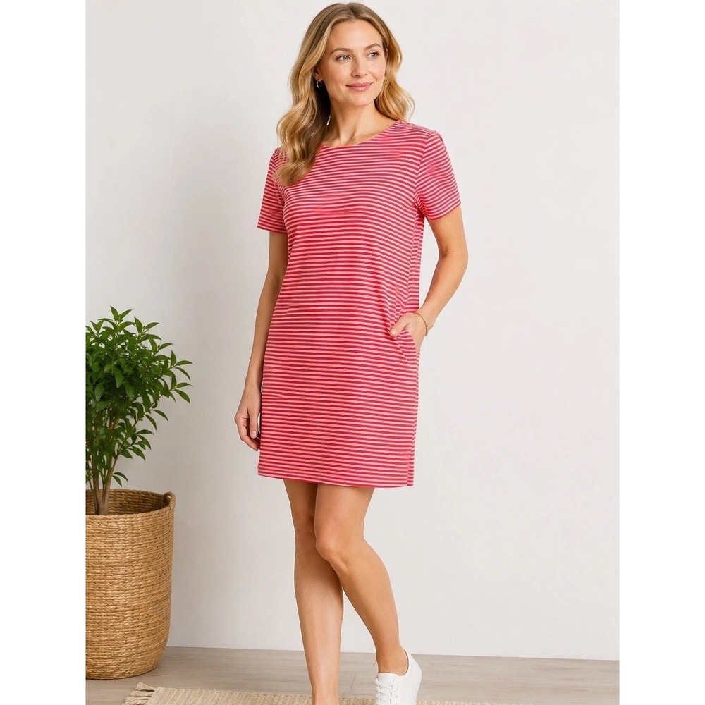 Ann Taylor Striped T-Shirt Dress Red -Sz 14- Knit Casual Above Knee Pockets NWOT